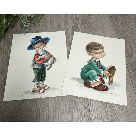 Set Of 2 Vintage Constanza Prints Child With Lamb & Child With Shoes MCM Spain - Picture 2 of 13